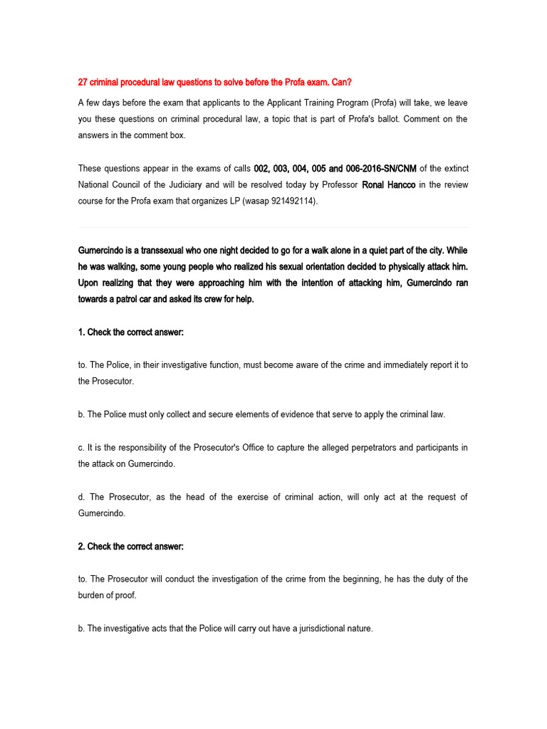 Profa Exam: 27 Criminal Law Questions | PDF | Detention (Imprisonment ...