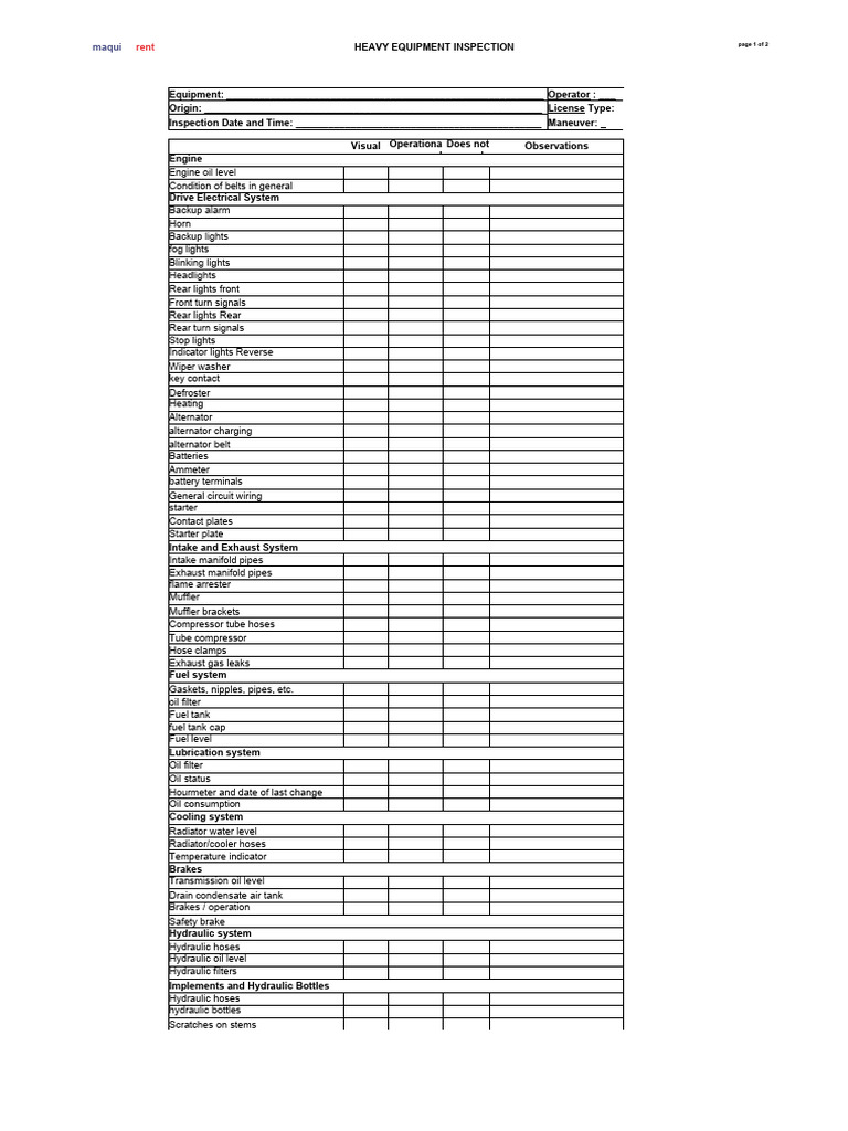 Heavy Equipment Check List PDF | PDF | Brake | Truck