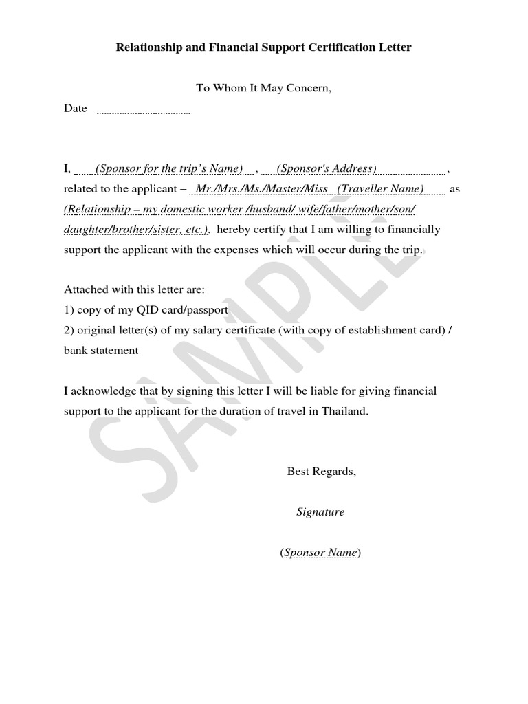 Financial Support Certification Letter | PDF