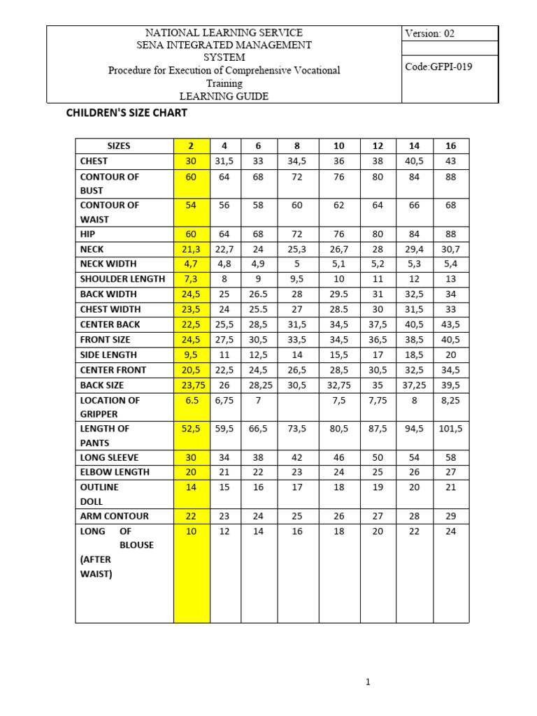 Children's Size Chart PDF Blouse Human Appearance
