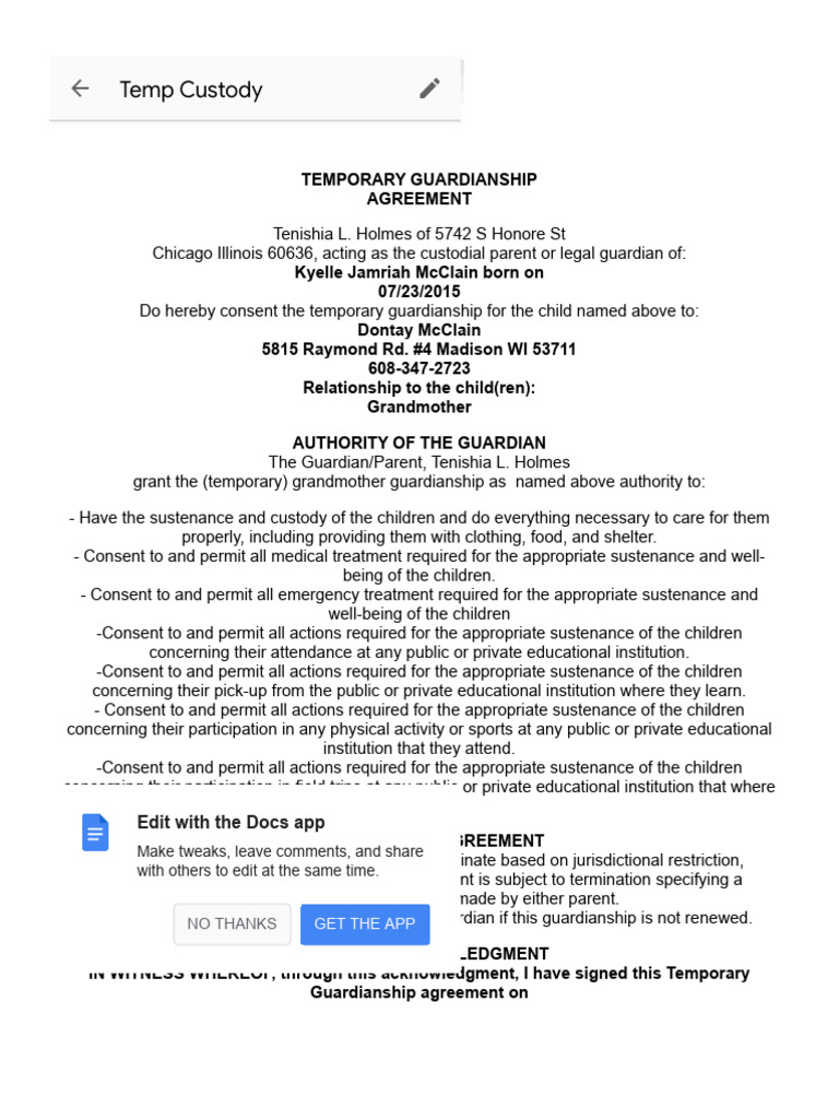 Temporary Guardianship Agreement Form | PDF | Legal Guardian | Youth