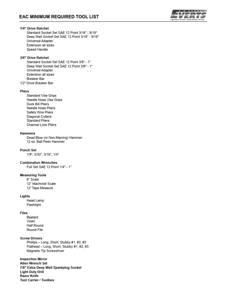 EAC Minimum Required Tool List | PDF | Home & Garden