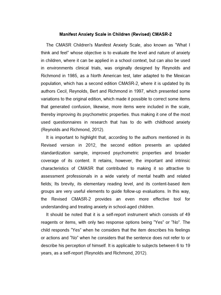 Manifest Anxiety Scale in Children CMASR - 2 | PDF | Anxiety ...