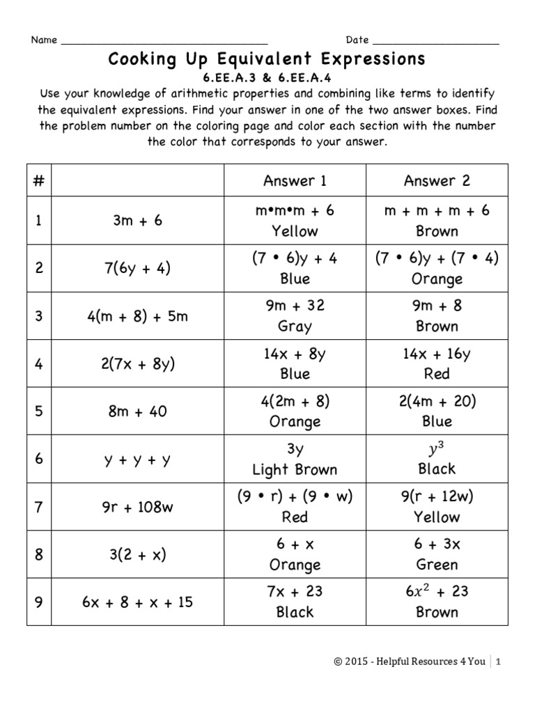 Equivalent Expressions Coloring Activity | PDF | Brown | Color