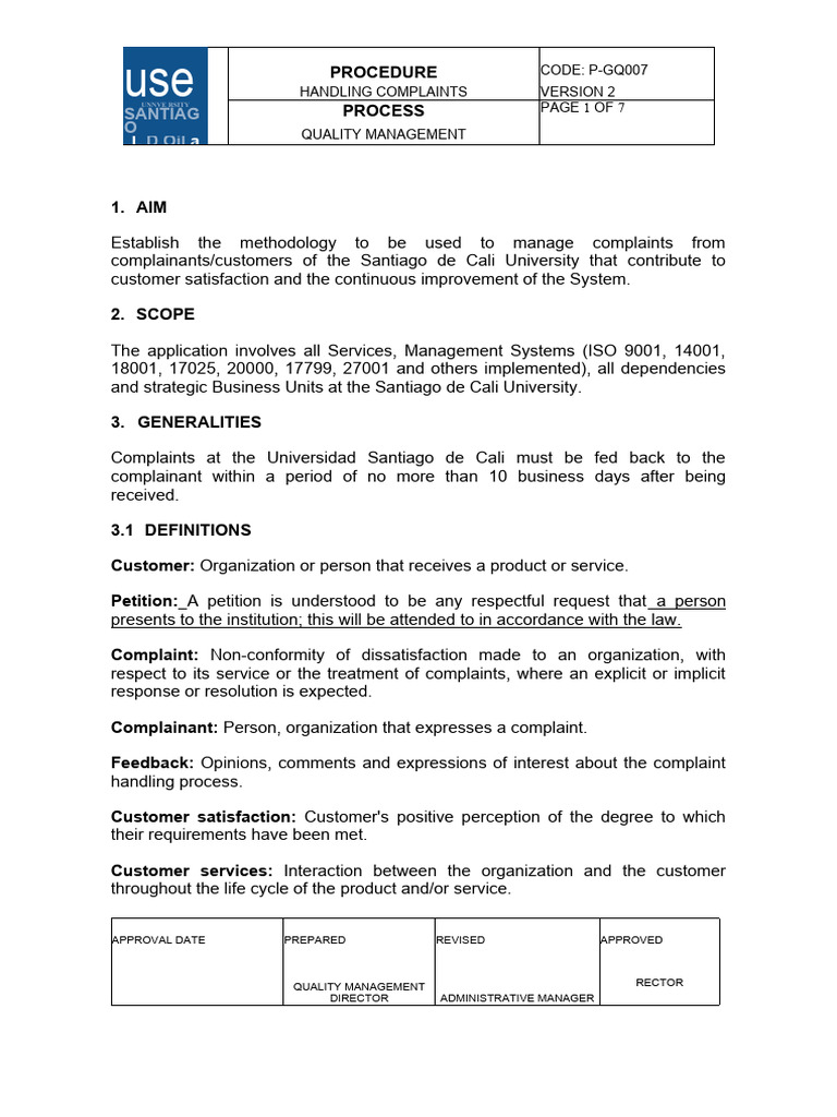 Complaint Handling Procedure Pdf Complaint Quality Management