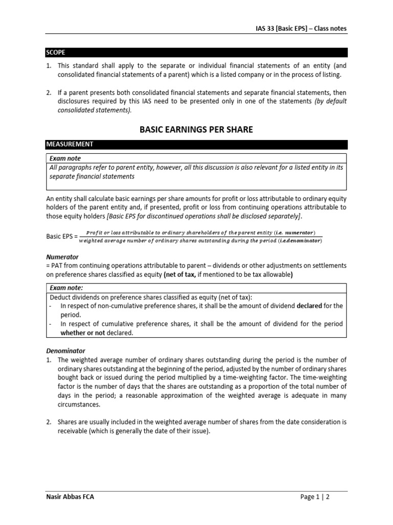 IAS 33 Basic EPS Class Notes | PDF | Earnings Per Share | Dividend