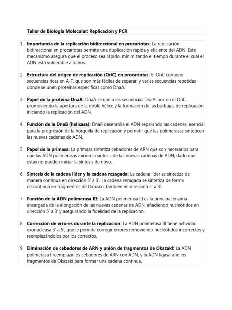 Resuelto Taller de Biología Molecular | PDF | Replicación De Adn | Adn