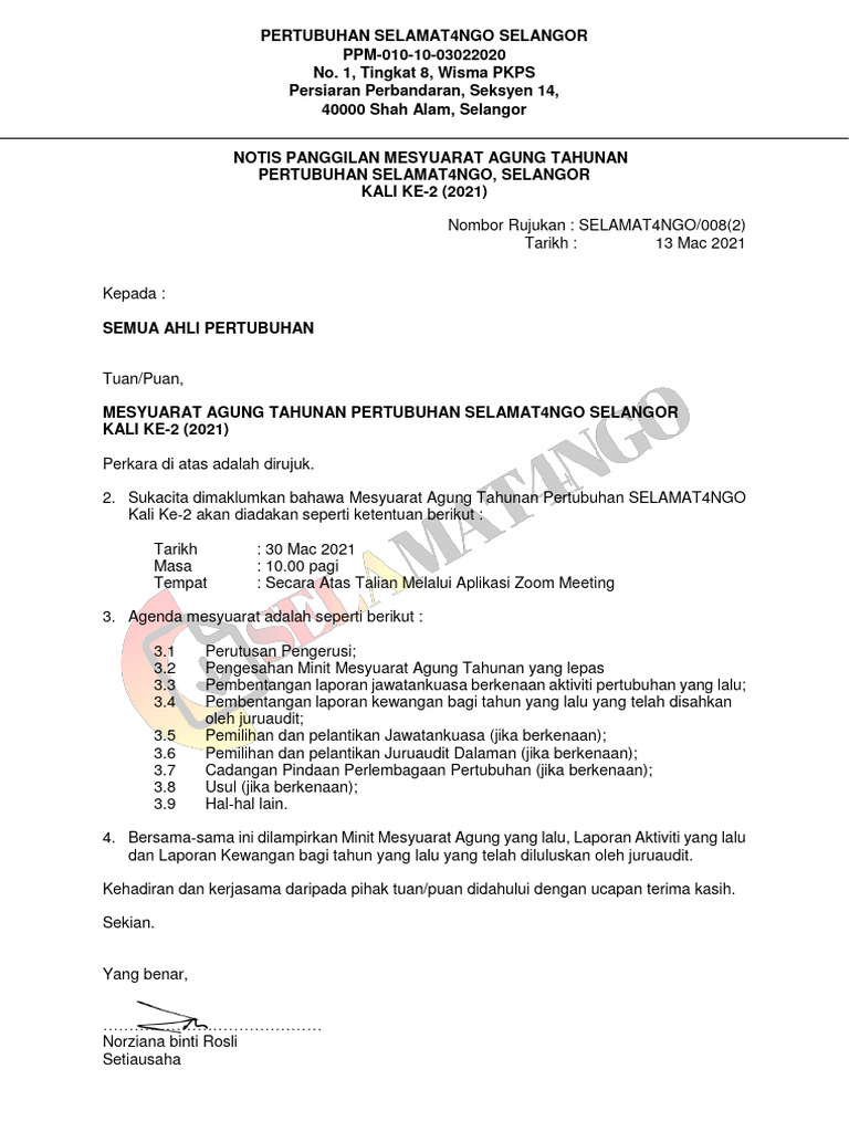 SAMPLE Notis Panggilan Mesyuarat Agung | PDF