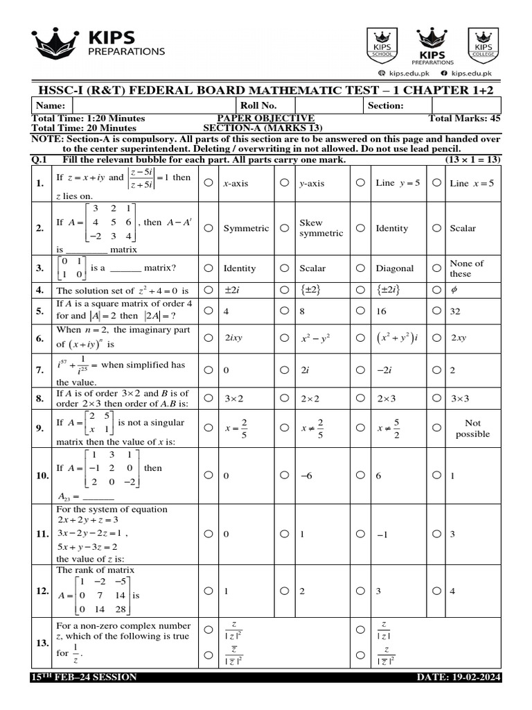 Federal Board Math Test Feb 2024 | PDF | Mathematical Physics | Applied ...