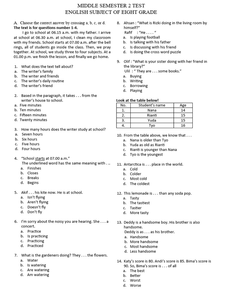 English Test for Eighth Grade Students | PDF