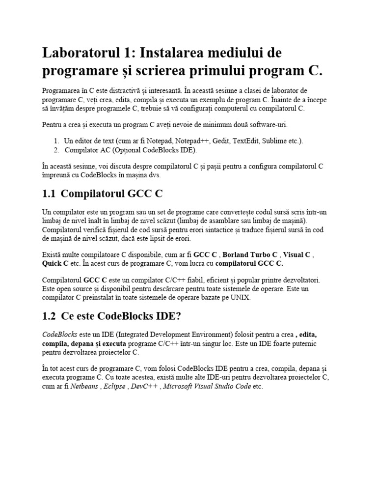 Laboratorul 1 Instalarea Mediului de Programare C | PDF