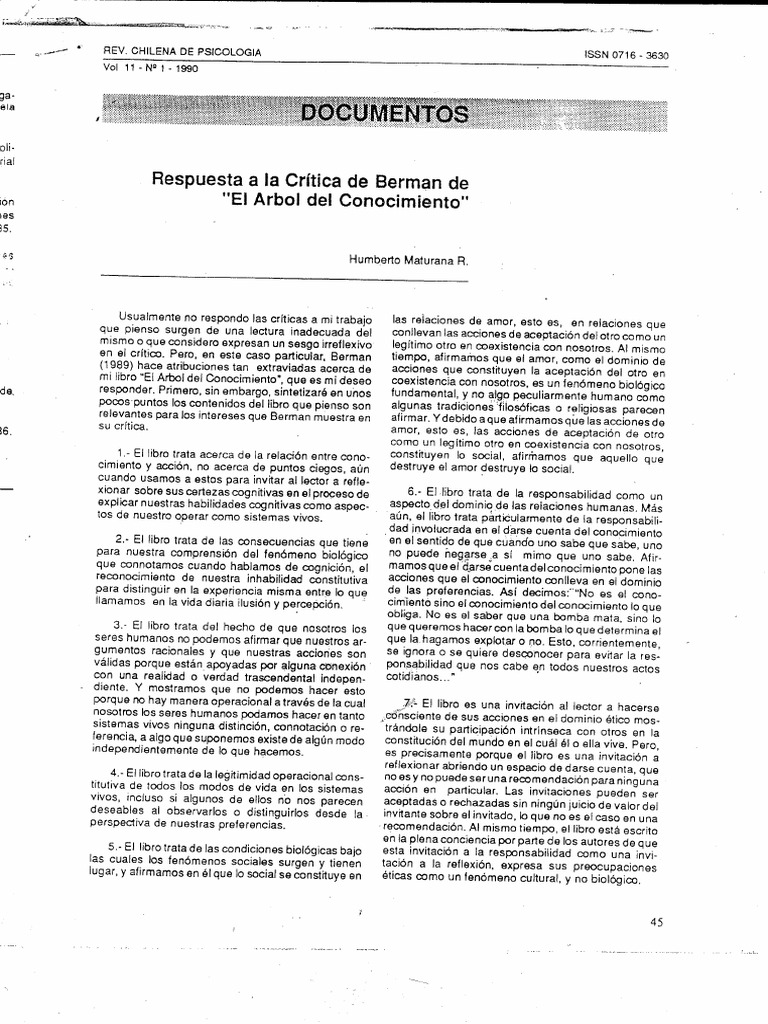 Respuesta A La Crítica de Berman de El Arbol Del Conocimiento. H ...