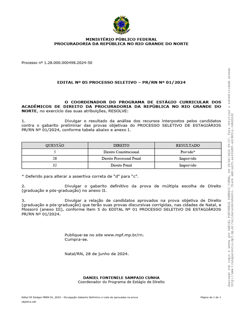 Processo Seletivo para Estágio No Ministério Público Federal 01 - 2024 ...