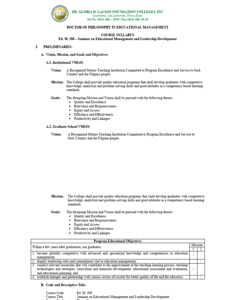 Educational Management Seminar Syllabus | PDF | Leadership | System