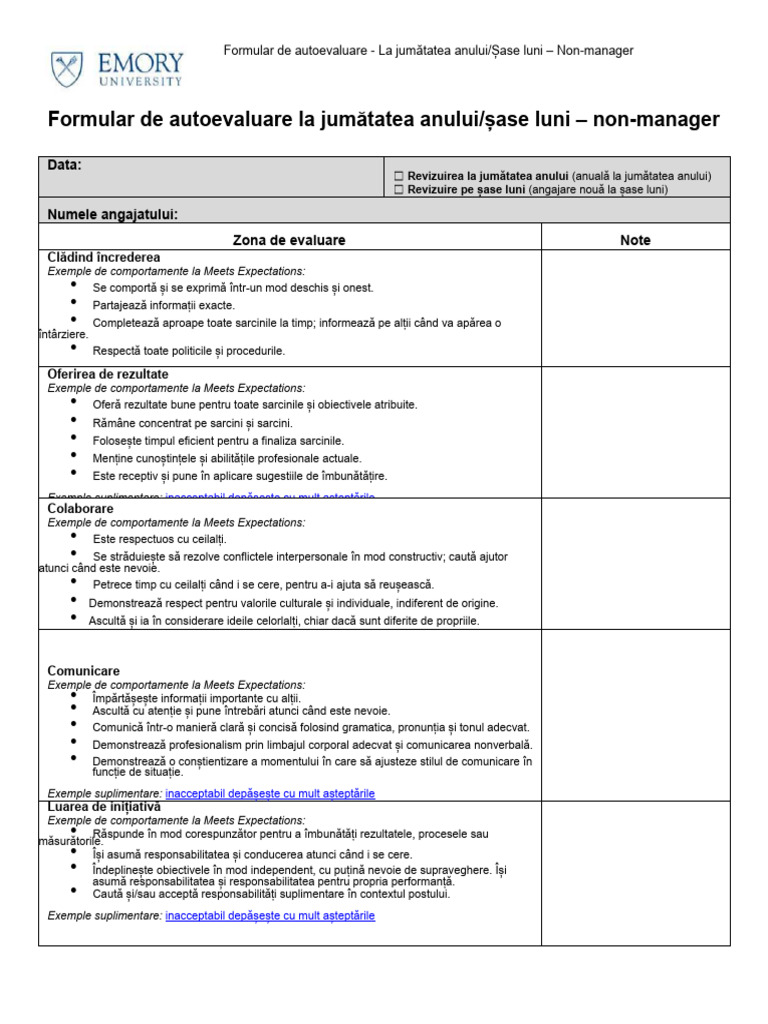 Formular de Autoevaluare La Jumătatea Anului/șase Luni - Non-Manager ...