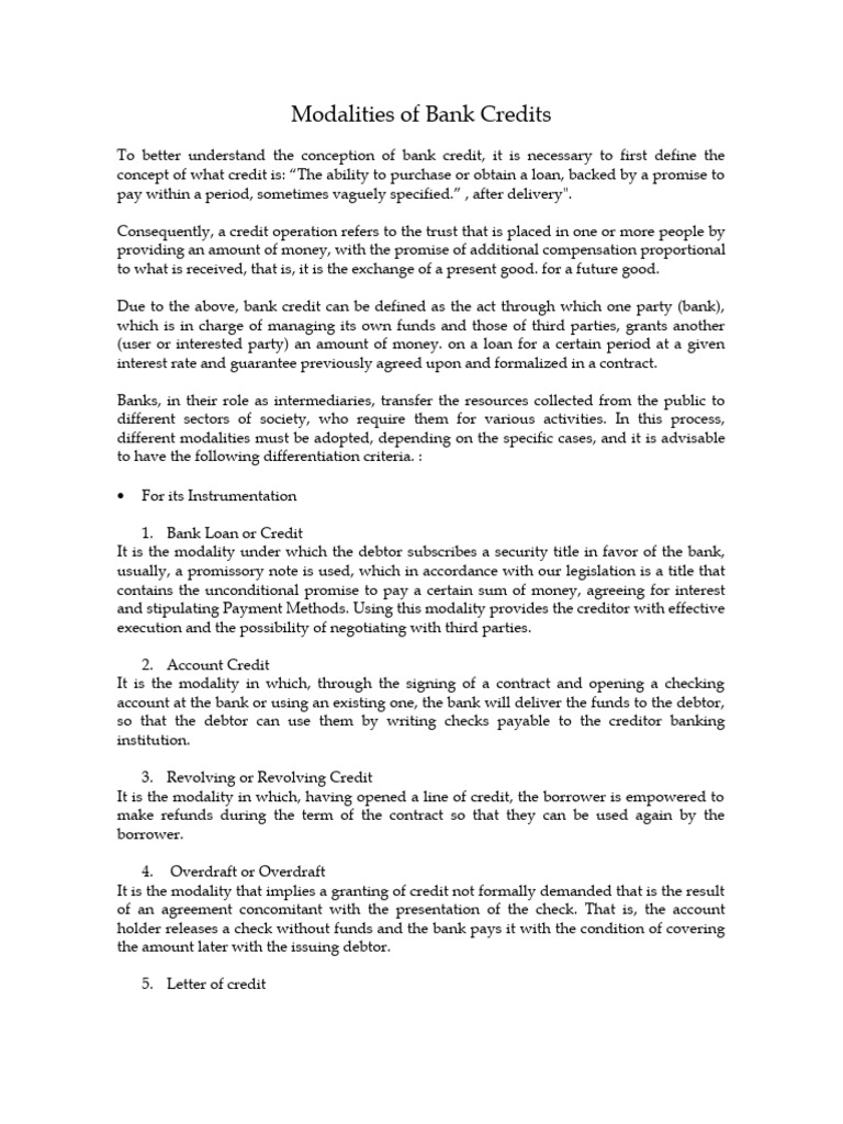 Modalities of Bank Credits | PDF | Finance & Money Management | Credit