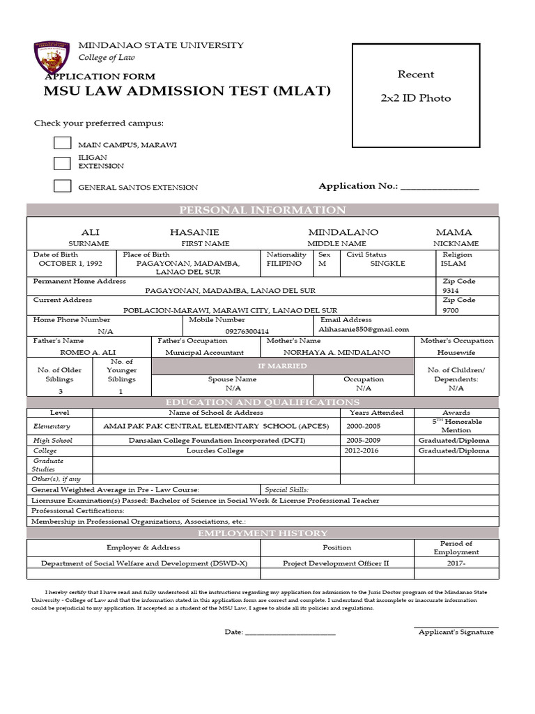 MSU Law Admission Test Application Form | PDF | Law School