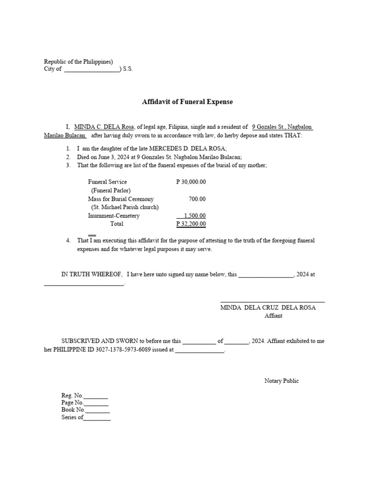 Affidavit of funeral pdf
