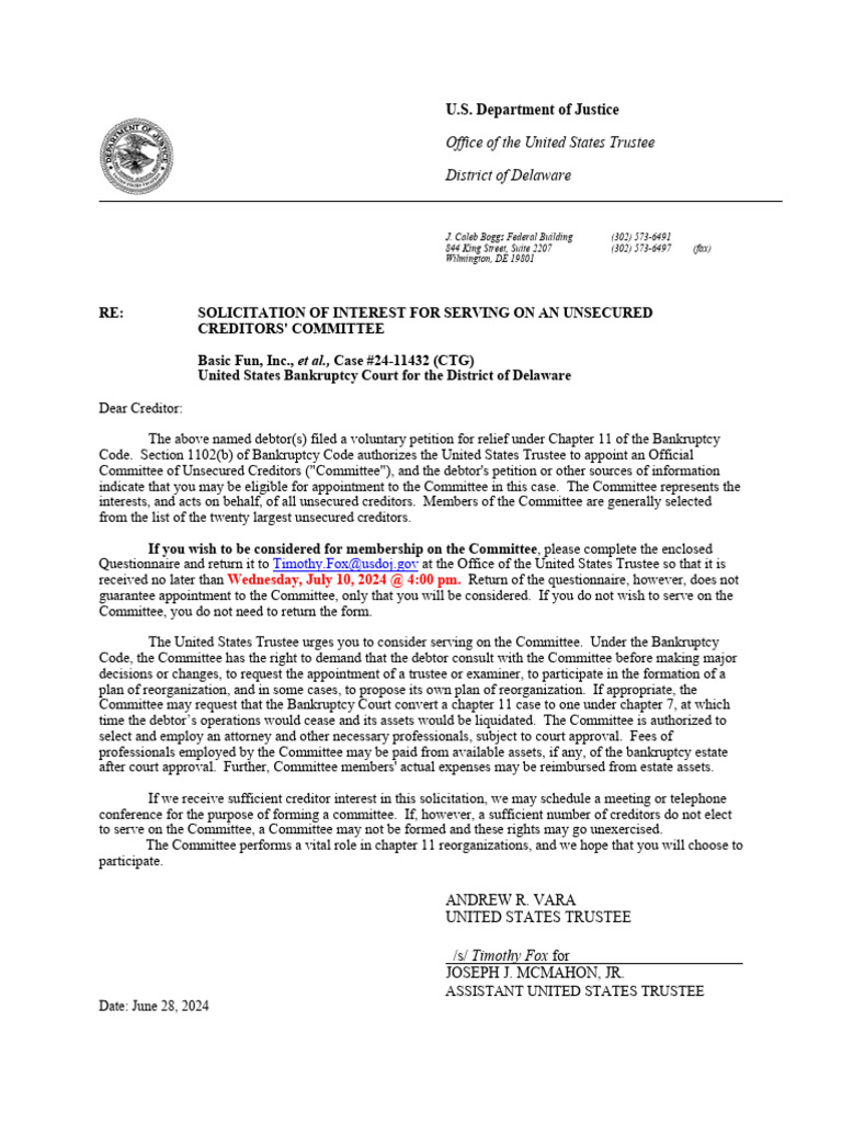 Basic Fun Bankruptcy Committee Invitation | PDF | Chapter 11 | Bankruptcy