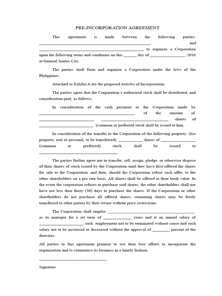 Pre-Incorporation Agreement Template | PDF | Stocks | Corporations