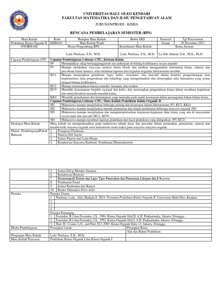 Contoh RPS Praktikum Kimia Organik 2 | PDF