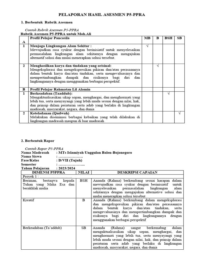 Rapor Asesmen P5-PPRA Siswa 2023 | PDF | Sains & Matematika | Agama ...