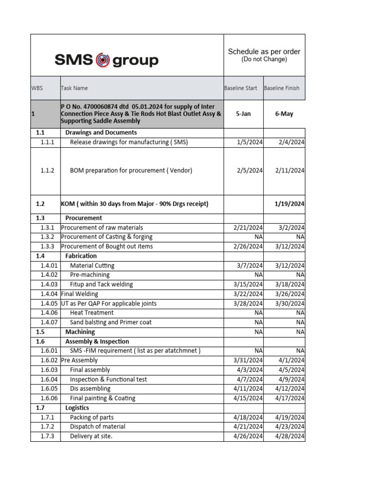 Schedule As Per Order: WBS Task Name Baseline Start Baseline Finish ...