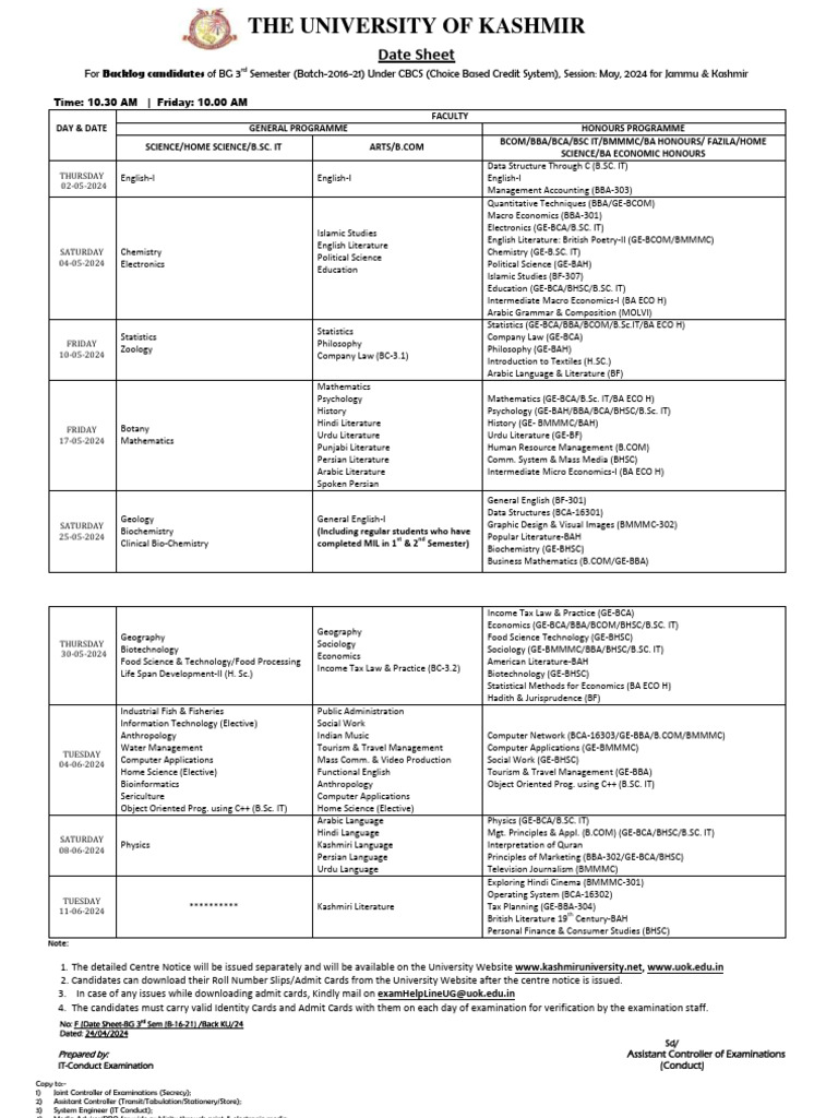 BG 3rd Semester Exam Date Sheet 2024 | PDF | Science