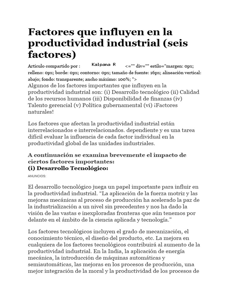 Factores que Afectan la Productividad Industrial | PDF | Business ...