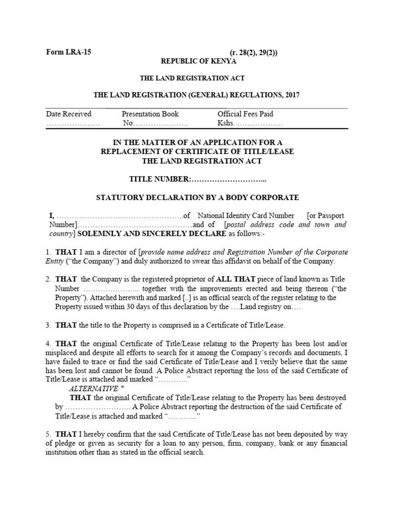 Statutory Declaration for Title Replacement | PDF | Government | Civil ...