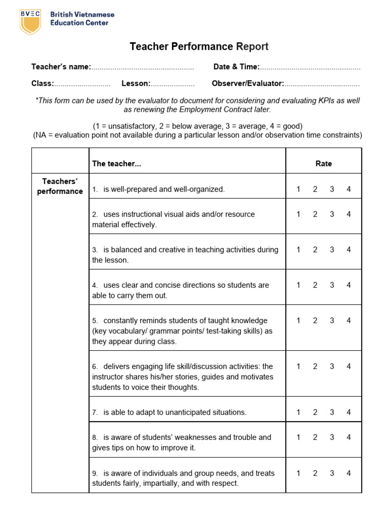 (BVEC) Teacher Observation Report | PDF | Teachers | Teaching