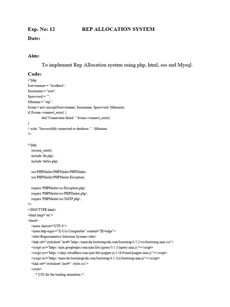 To implement rep allocation system using php html css and mysql pdf