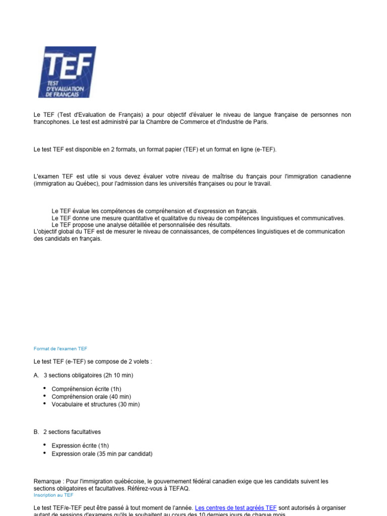 Examen TEF : Évaluation de Français | PDF | Évolution de carrière