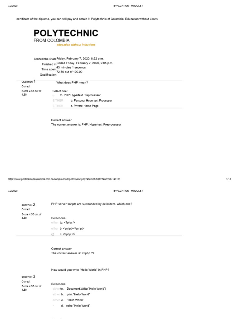 EVALUATION - MODULE 1 PHP Programming | PDF | Php | Boolean Data Type image.