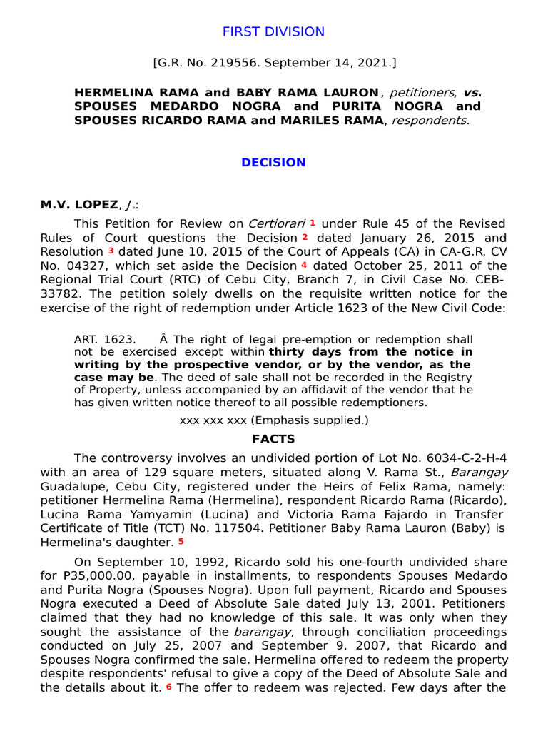 Rama vs. Nogra: Redemption Rights Case | PDF | Equity (Law) | Lawsuit