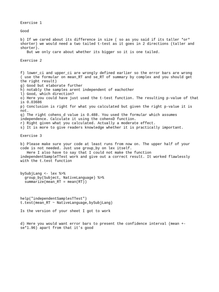 Statistical Analysis Exercises Feedback | PDF