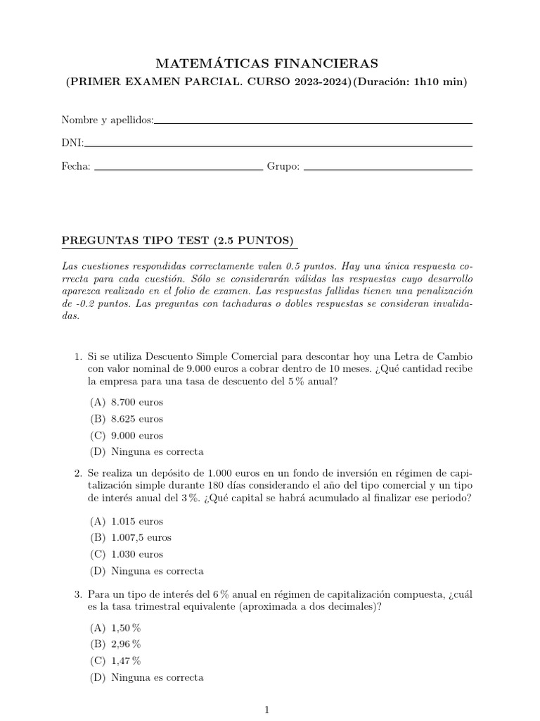 Examen Parcial de Matemáticas Financieras | PDF | Interés | Tasas de ...
