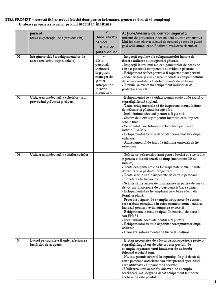 Evaluarea Riscului de Lucru La Înălțime | PDF