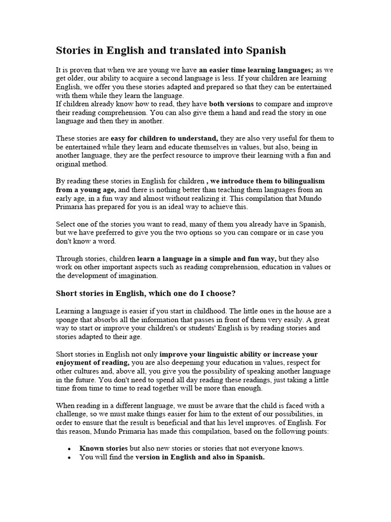 Stories in English and Translated Into Spanish For Children From ...