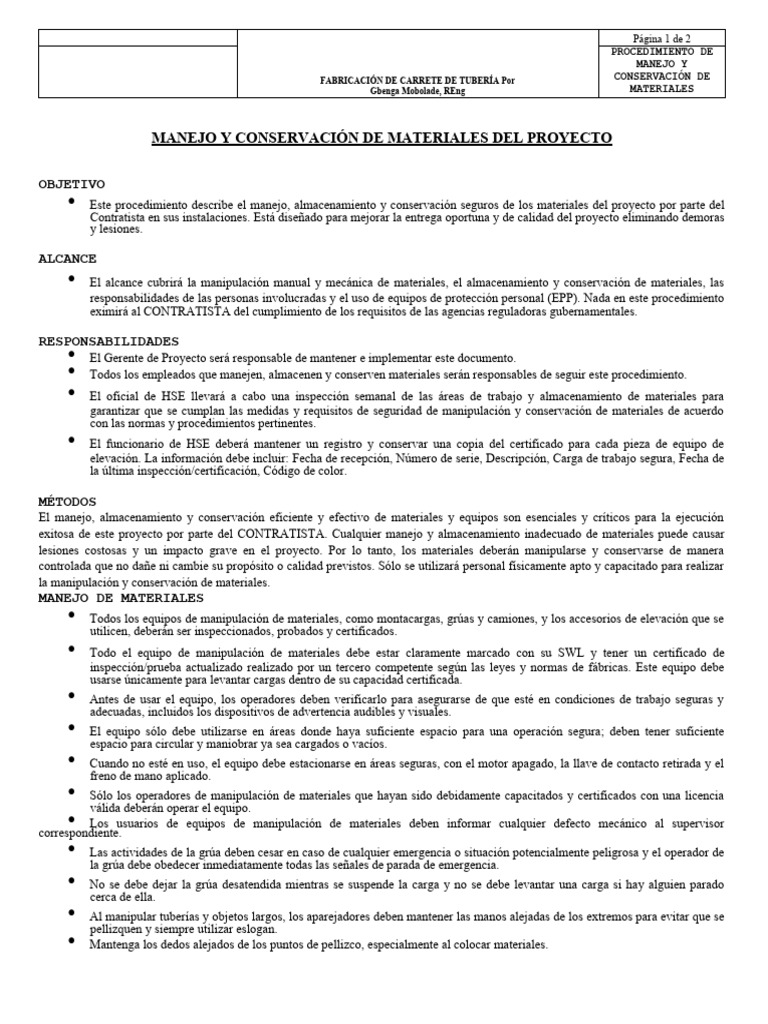 Manejo y Conservación de Materiales en Proyectos | PDF