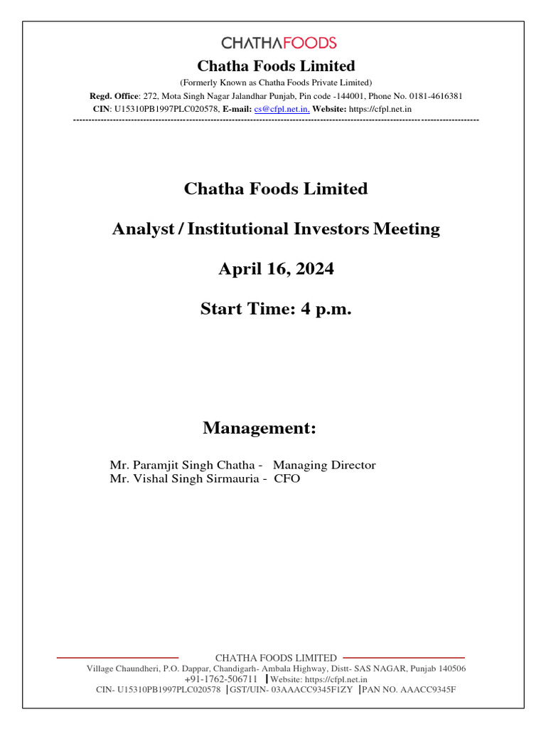 Chatha Foods: Analyst Meeting Overview | PDF