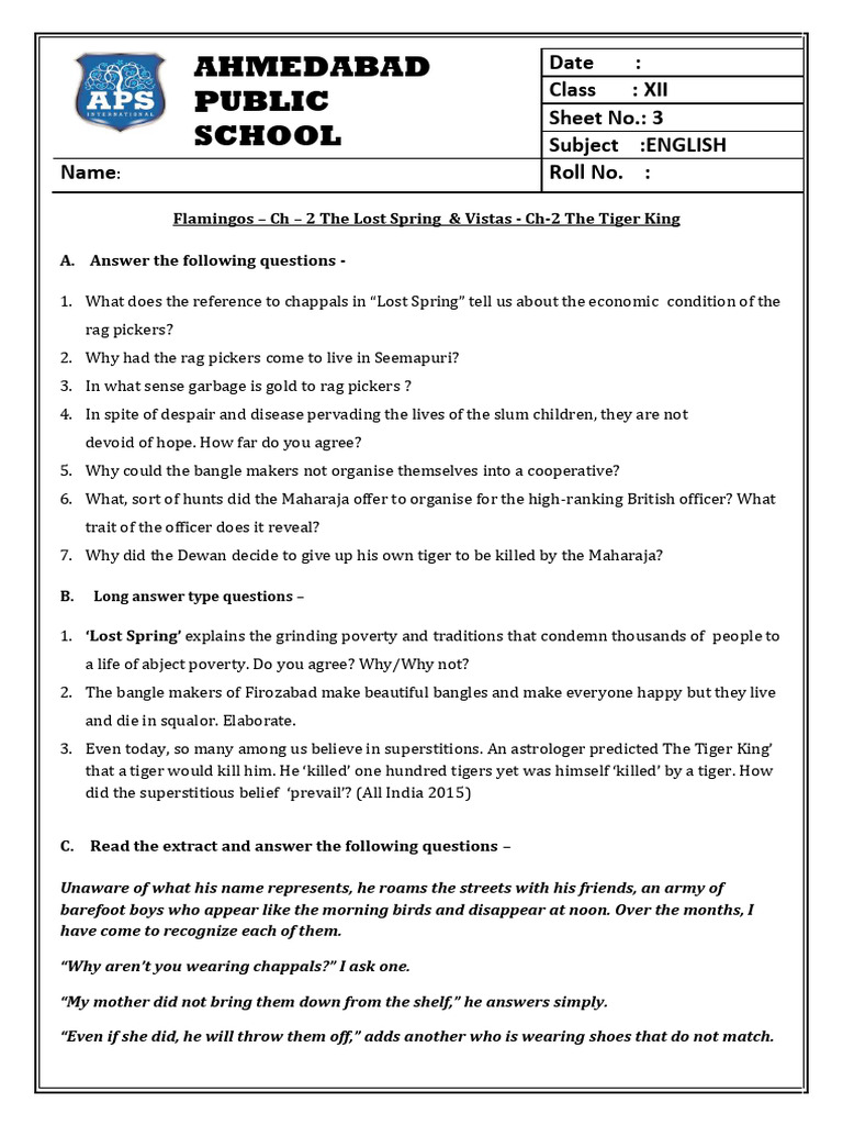 CLASS 12 ENGLISH WS-3 The Lost Spring & The Tiger King | PDF