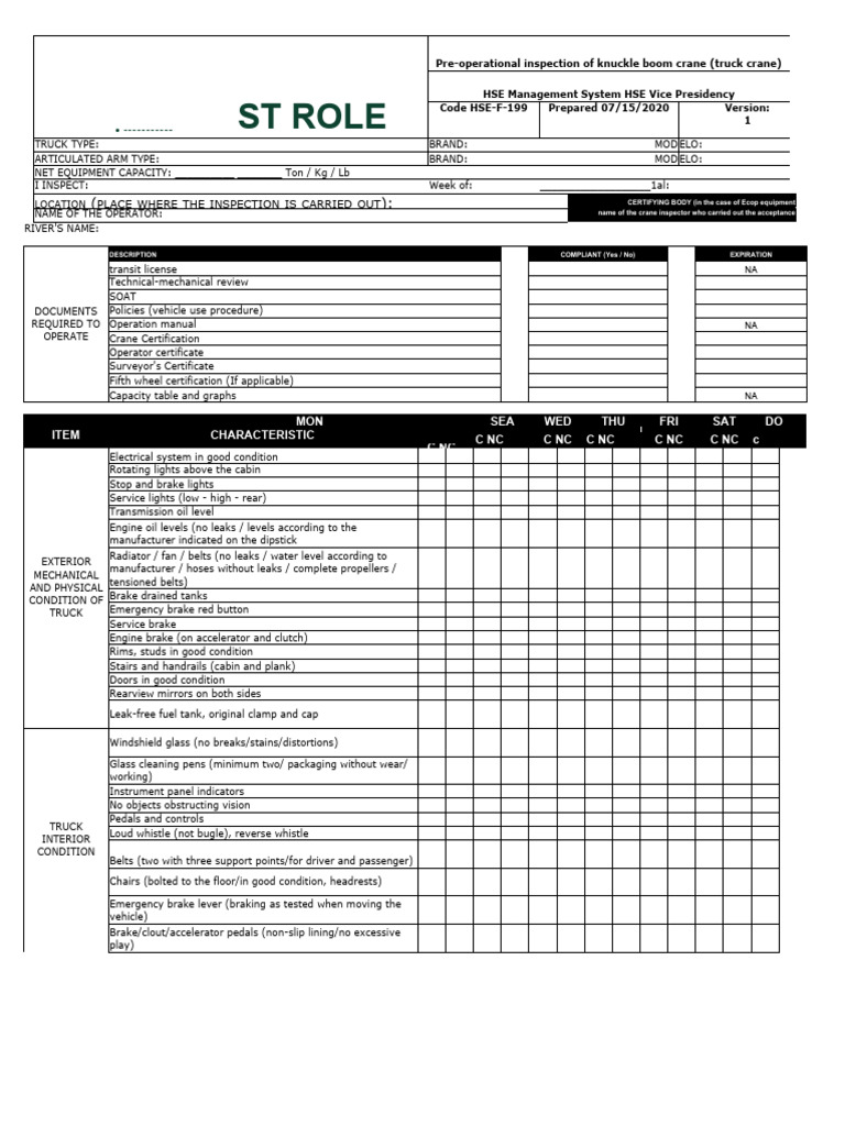 Knuckle Boom Crane Inspection Checklist | PDF | Truck | Crane (Machine)