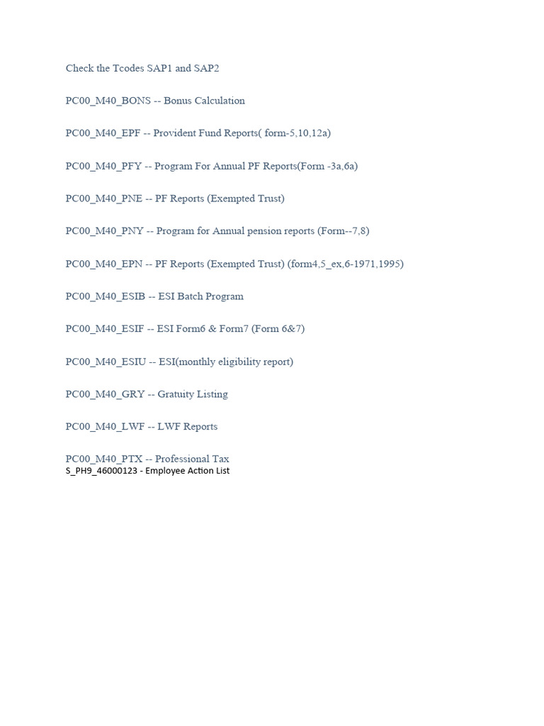 SAP Tcodes for Payroll Reports Guide | PDF