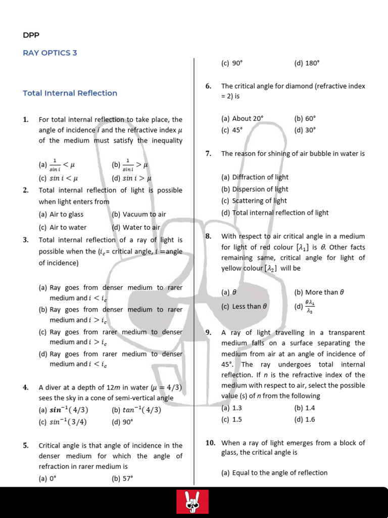 Physics Quiz: Total Internal Reflection | PDF | Reflection (Physics ...