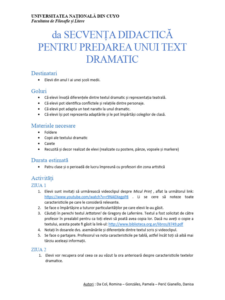 Secvență Didactică Pentru Predarea Unui Text Dramatic | PDF