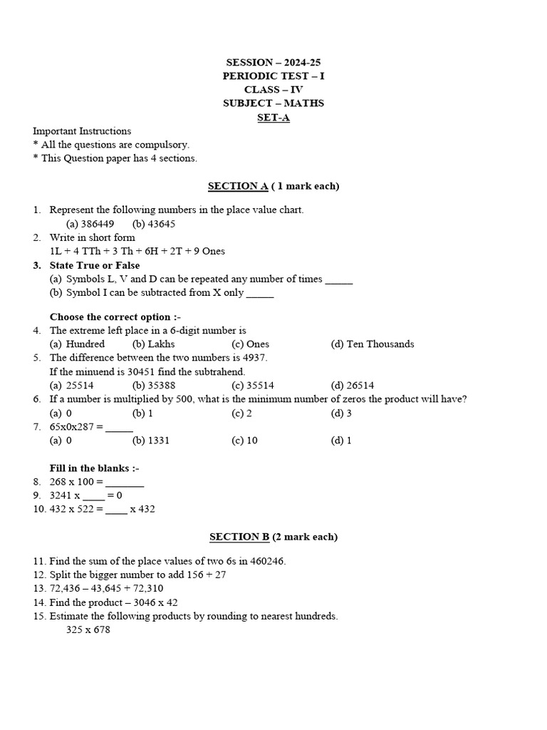 Class IV Maths Revision Questions | PDF | Subtraction | Mathematics