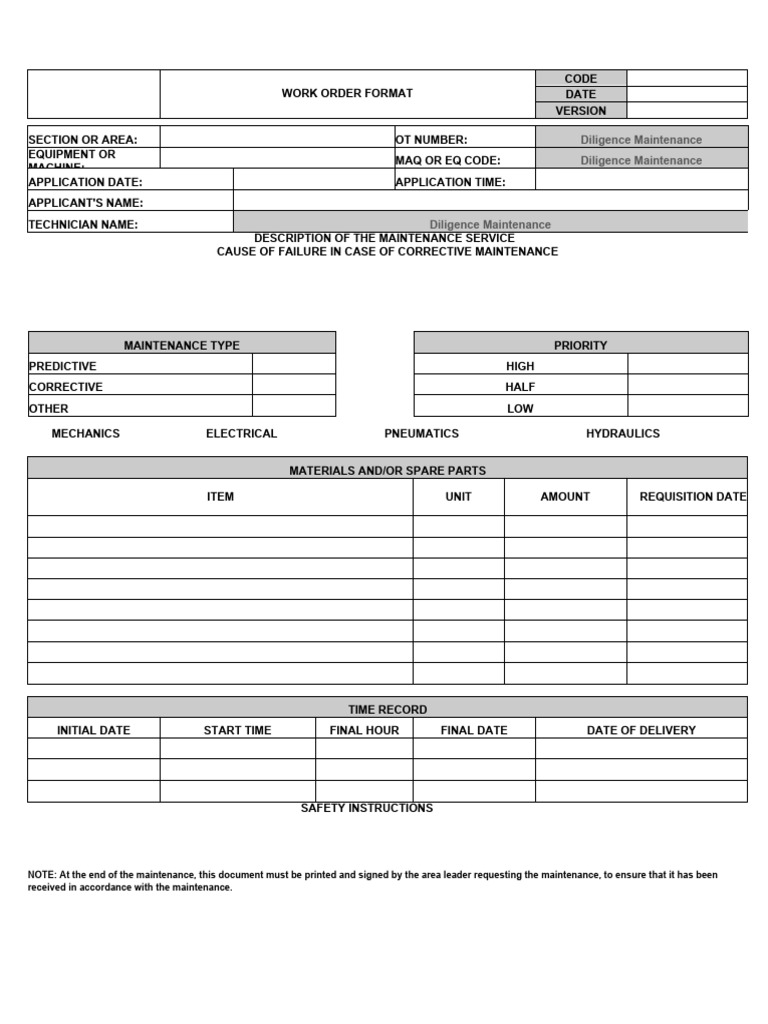Maintenance Work Order Format | PDF | Computing