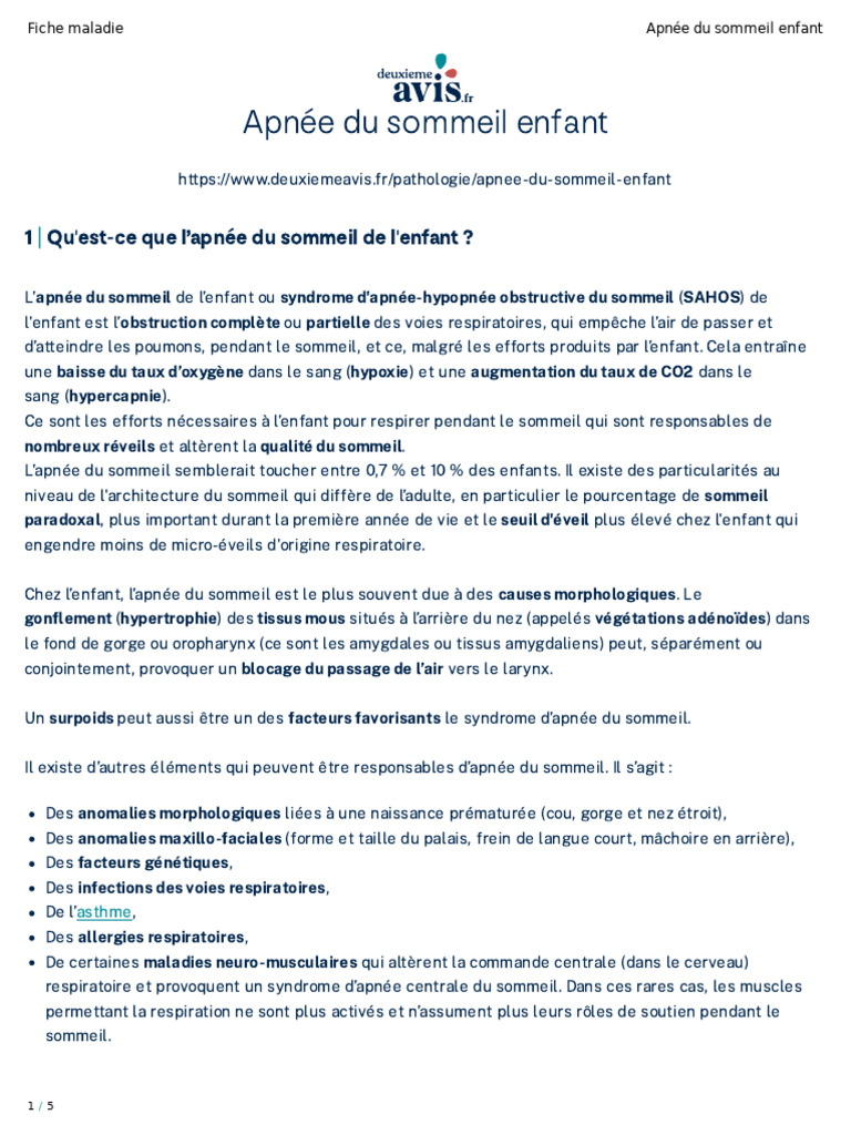 Apnée du sommeil chez l'enfant : causes et symptômes | PDF | Syndrome d ...