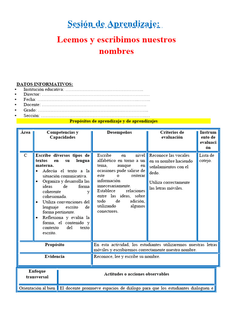 1 Sesión Día 1 Com Leemos Y Escribimos Nuestros Nombres Pdf